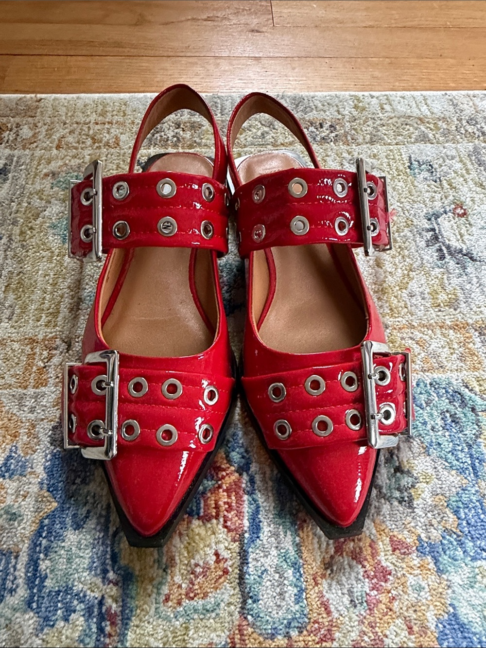 Red Patent Pointed-Toe Slingback Flats with Buckle Detail